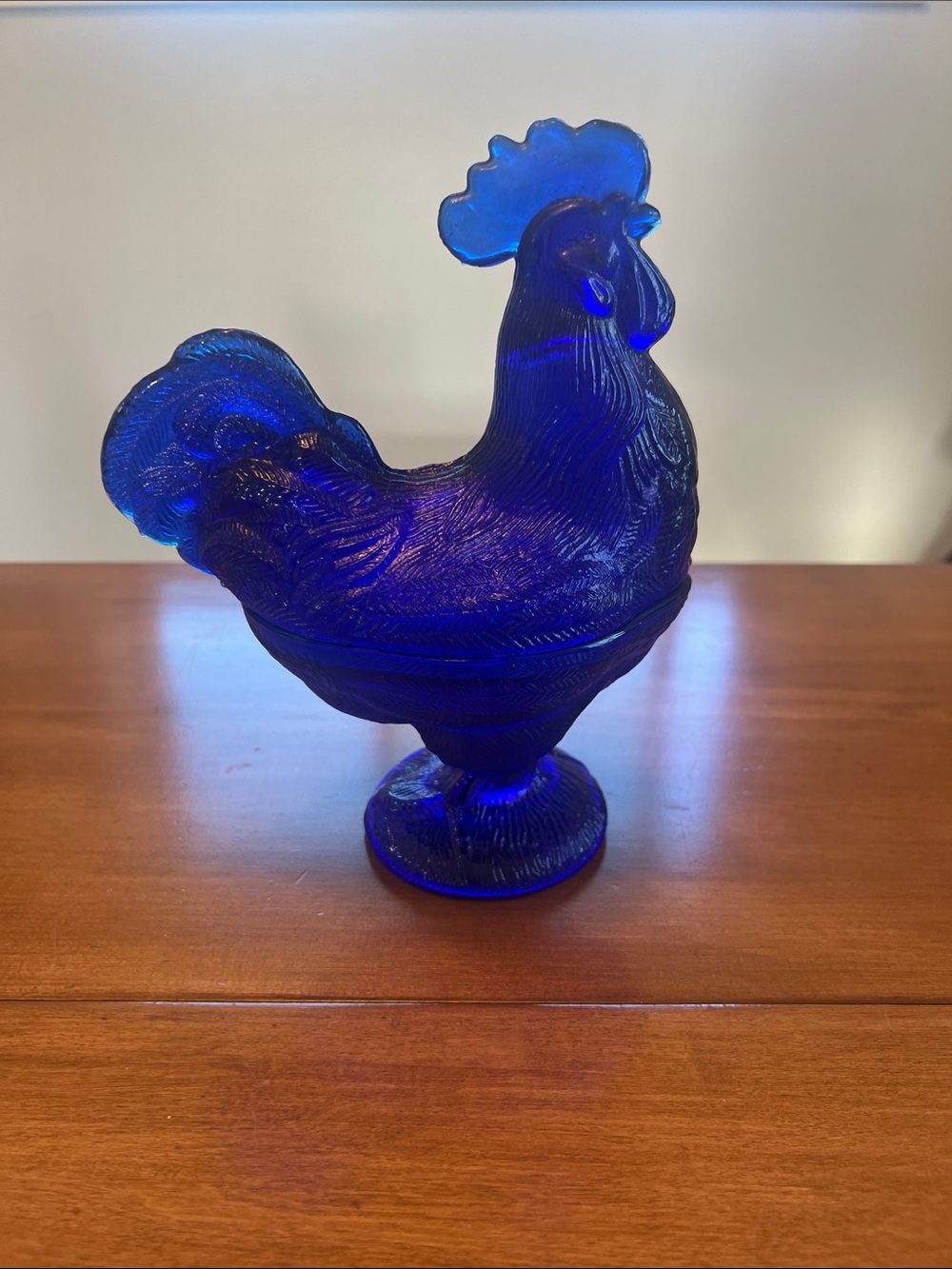 Vintage Cobalt Blue Glass Rooster Decorative Trinket Dish - Home Art